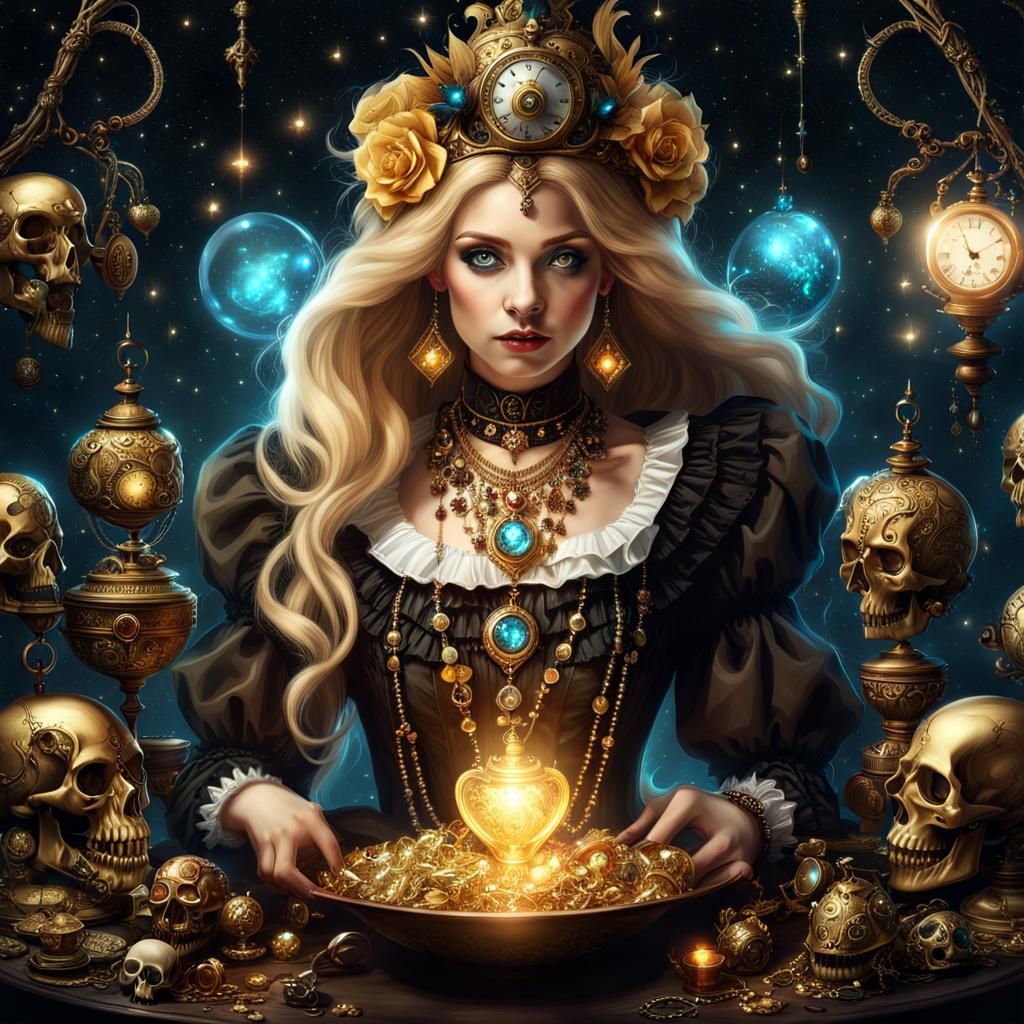 Steampunk Alice in Wonderland with Gold Jewellery