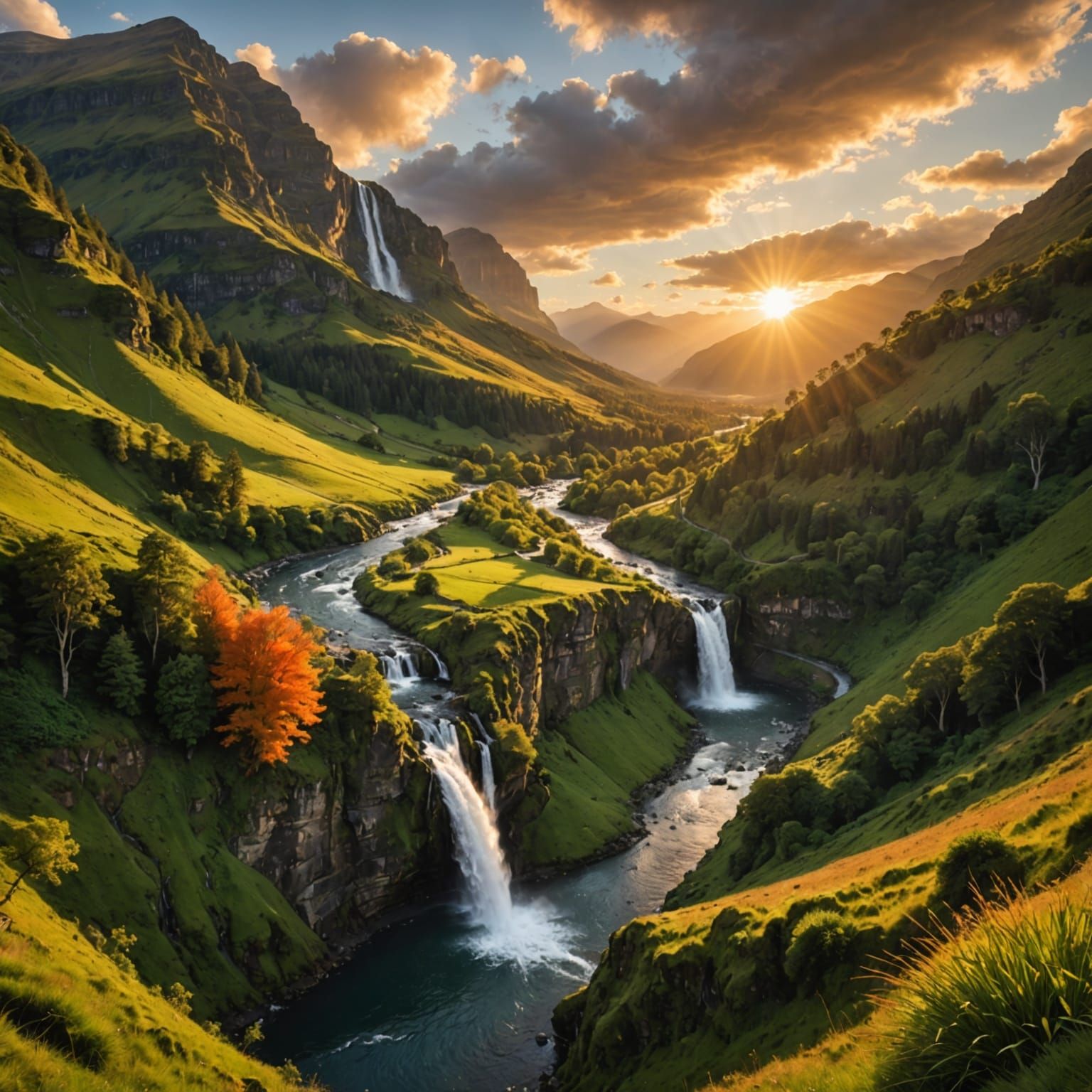Scenic Waterfall Landscape at Sunset