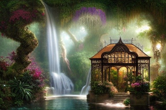 Opulent Butterfly House with Waterfall, Digital Art