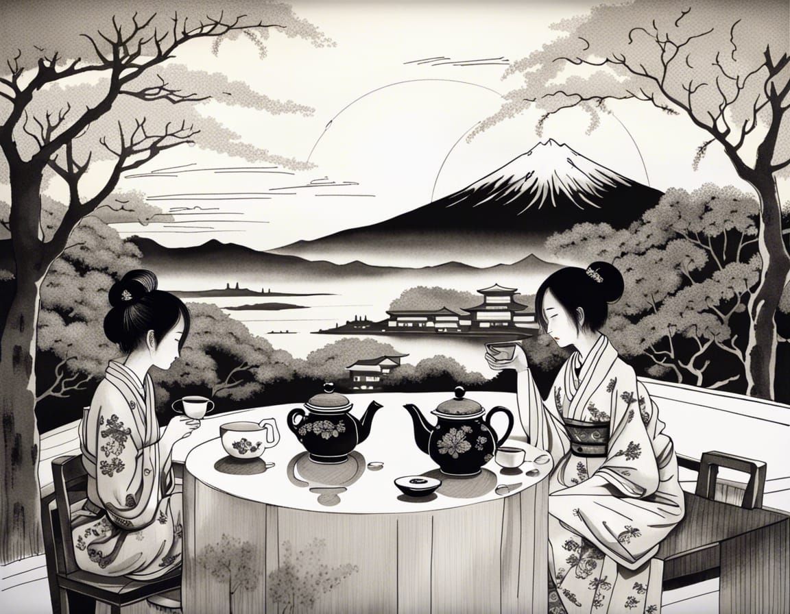 Detailed Ink Drawing: Girls with Tea and Fuji