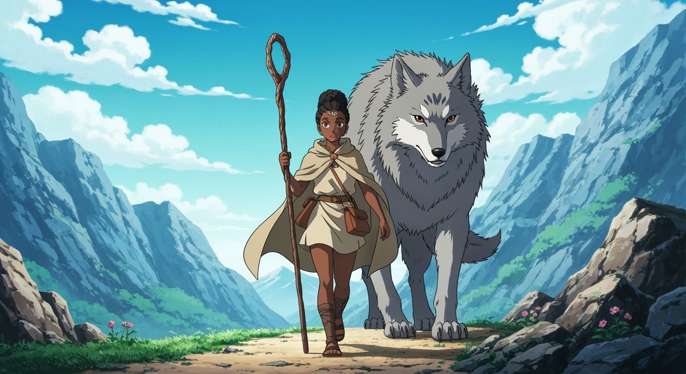 Epic Fantasy Woman and Wolf Guardian in Anime Style