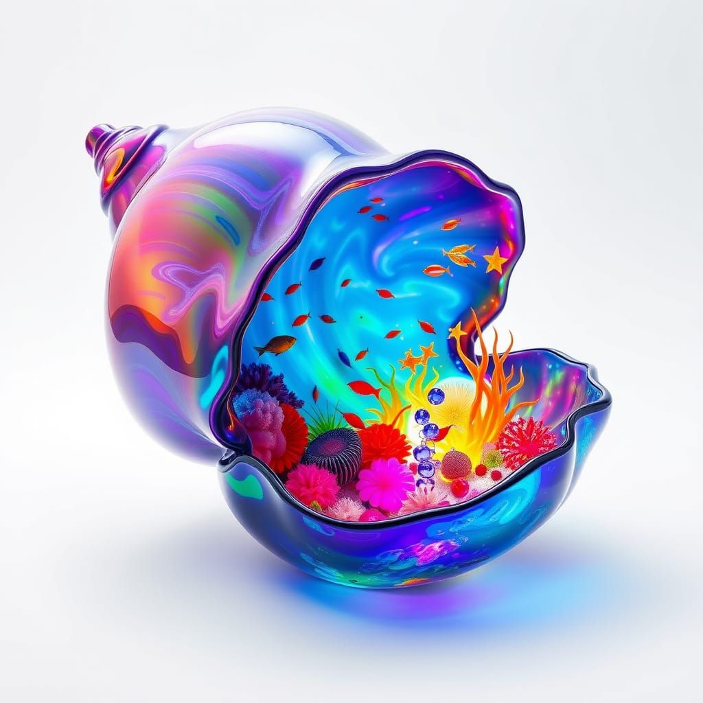 Luminous Shell in Iridescent Glass and Epoxy Resin with Unde...