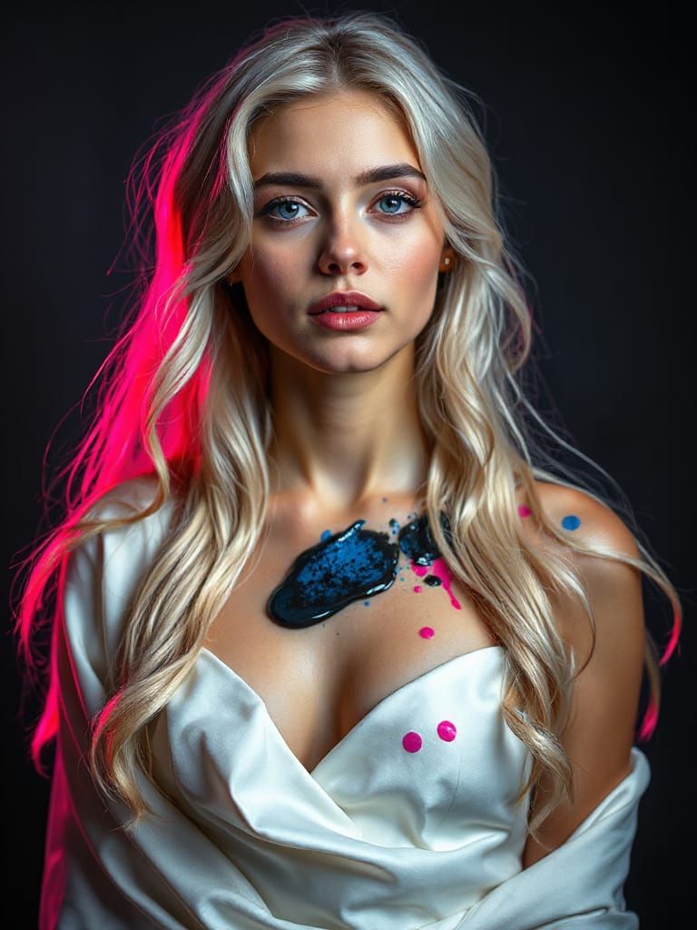 Ink Splattered Woman in White: Hyperrealistic Fantasy