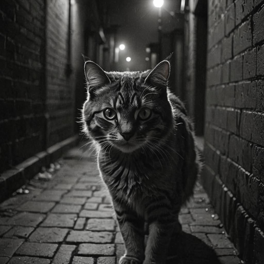Noir Cat in Dark Alley: High Contrast Photography