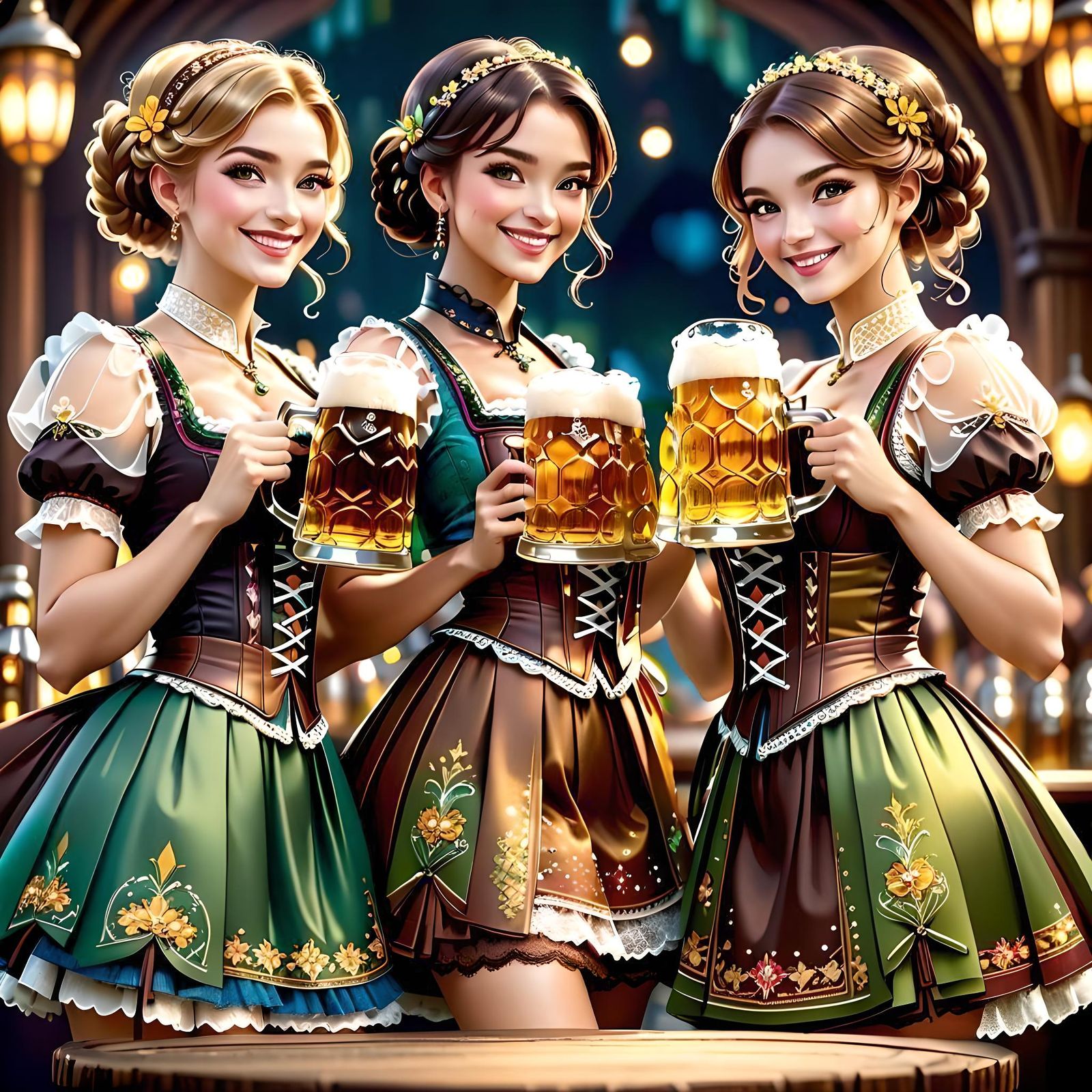 Oktoberfest: Joyful Girls in Dirndl Outfits, Art Nouveau