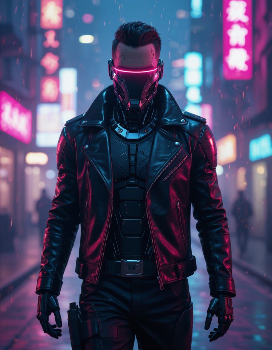 Futuristic Cyborg in Neon Cityscape as Digital Art