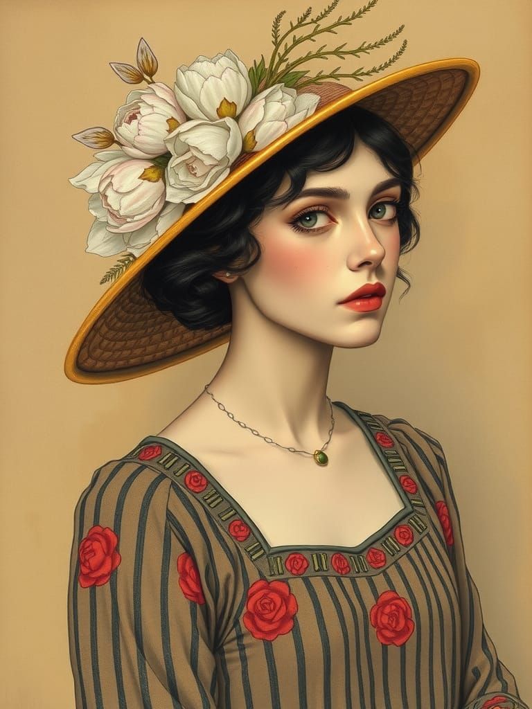 DRAWING, WOMAN OF sensibility WEARING peculiar, hat OF peony...