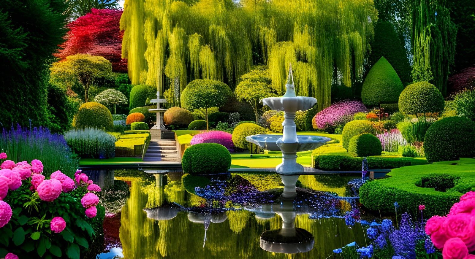 Blooming Garden Scene with Fountains and Statues