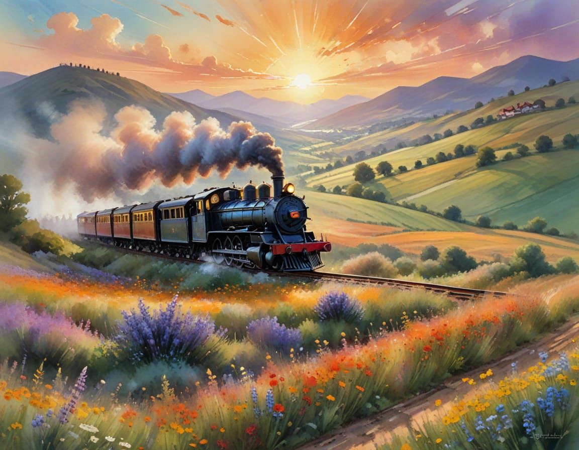 Sunset Steam Train Through Wildflower Fields, Watercolor Sty...