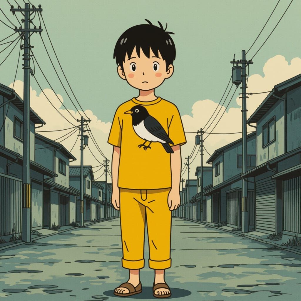 Melancholic Bird-Boy in Monochromatic Cityscape