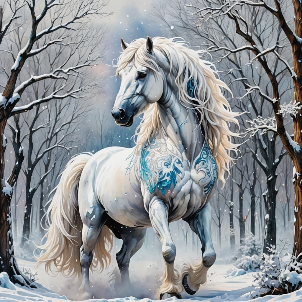 Stallion in Snowy Clearing: Graffiti Splash Art