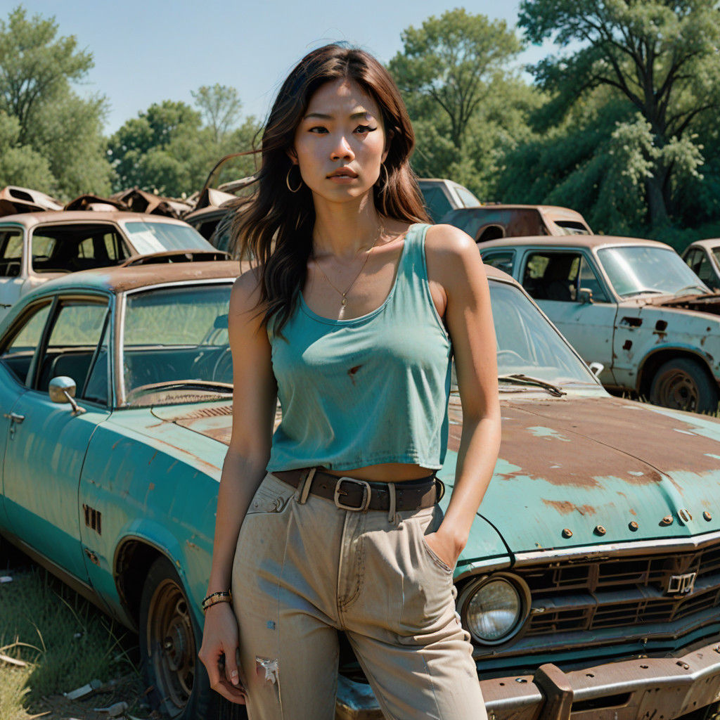 Grunge Turquoise Goddess in a Rusted Automotive Wonderland