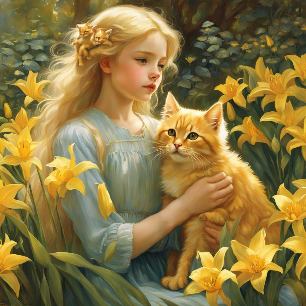 A Blond Girl in a Sunny Garden with a Golden Kitten