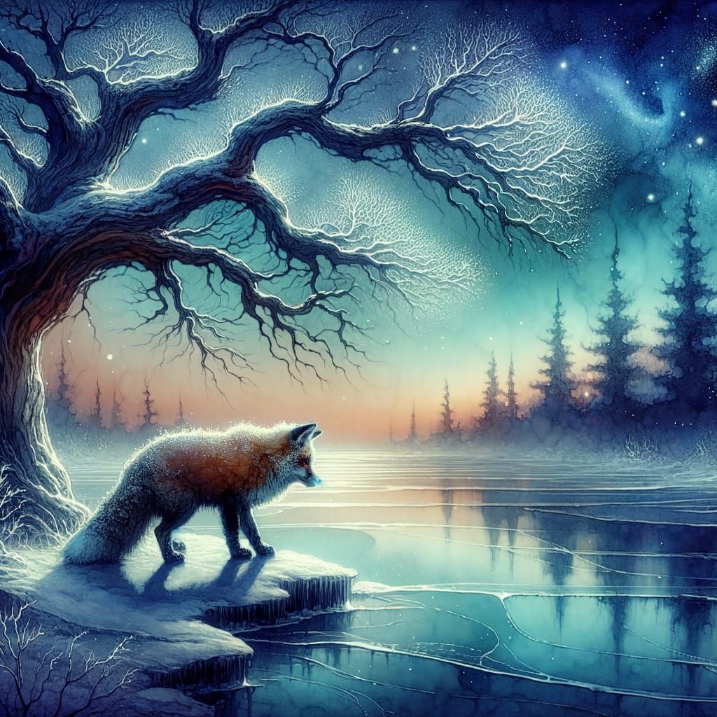 A solitary fox, its fur dusted with shimmering snow, pauses at the edge of a frozen lake under a twilight sky. Ancient, ...