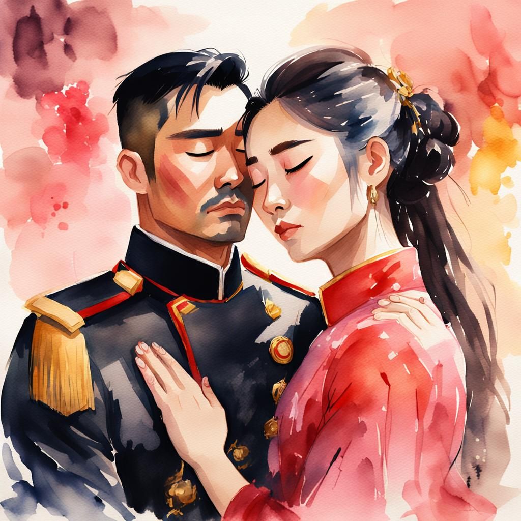 Fantasy Couple Embrace in Watercolor Art Nouveau Style