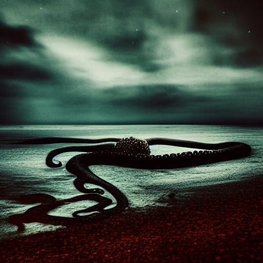 Octopus Creature Emerges in Decaying Village: Digital Painti...