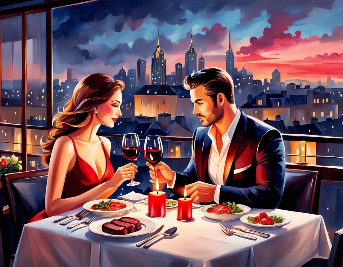 Romantic Candlelit Valentine's Dinner Watercolor Painting