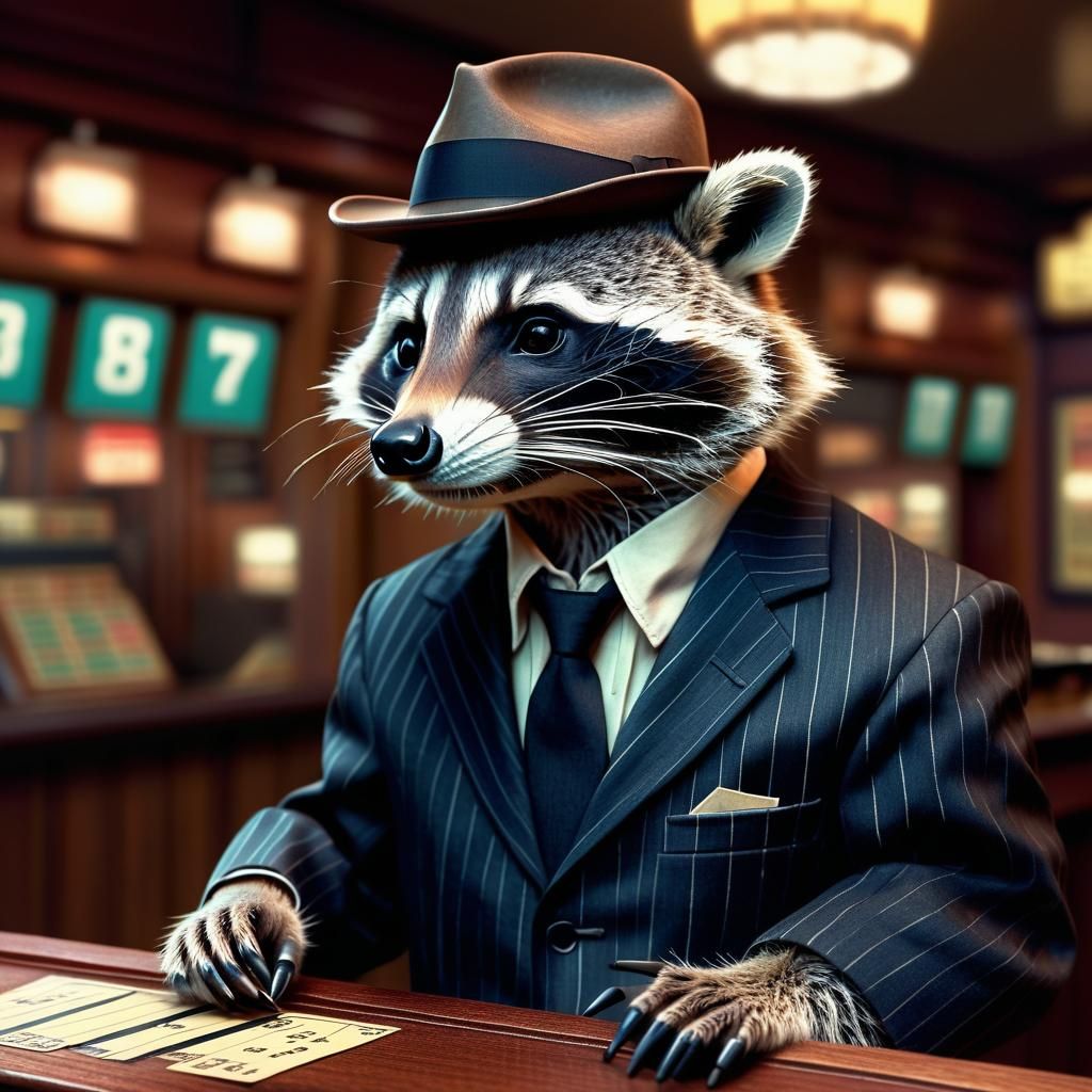 Retro-Futuristic Raccoon Gambler in Smoky Betting Hall