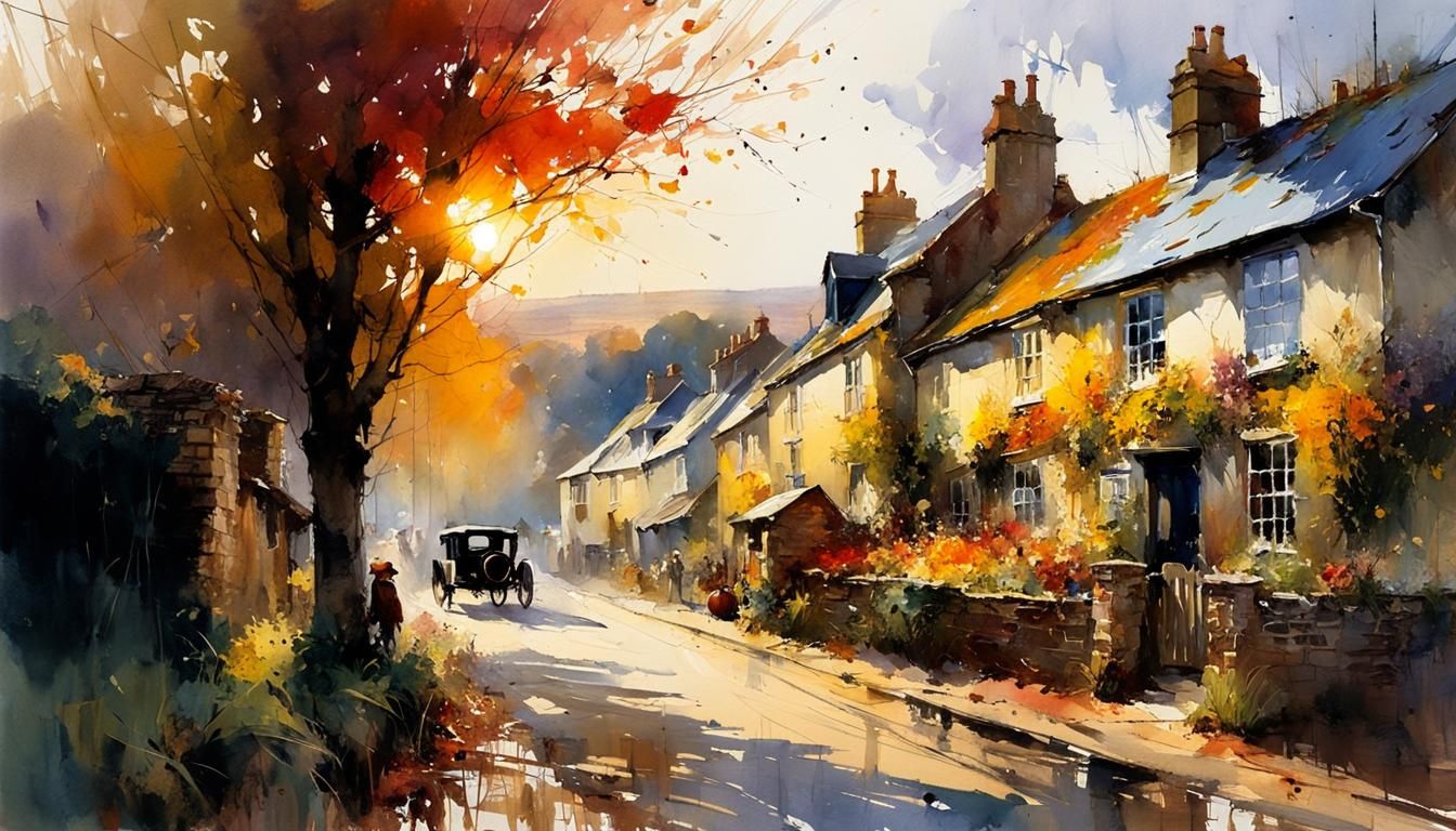 English Countryside at Sundown, Watercolor Painting