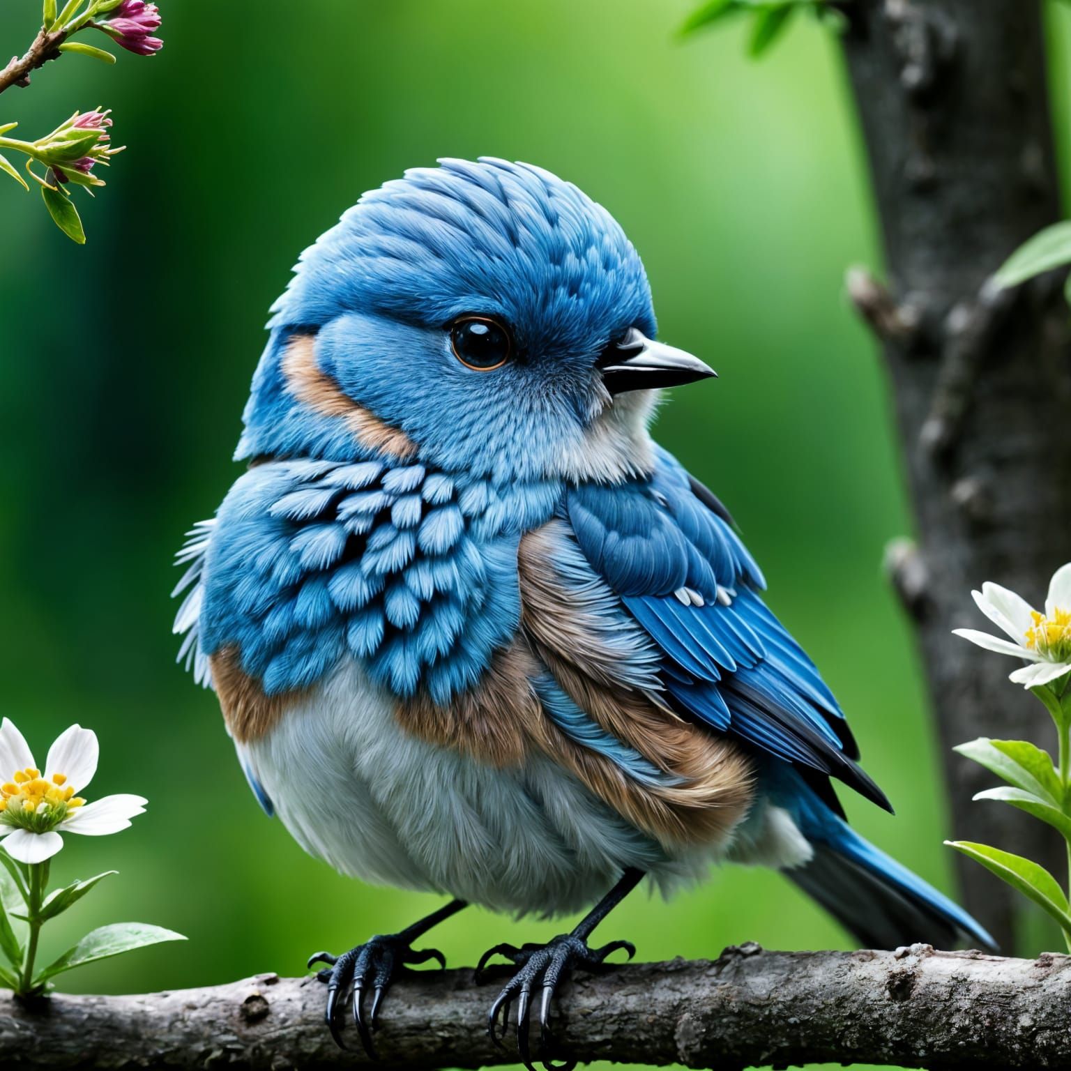 Adorable Chibified Bluebird on Branch - Photorealistic CGI