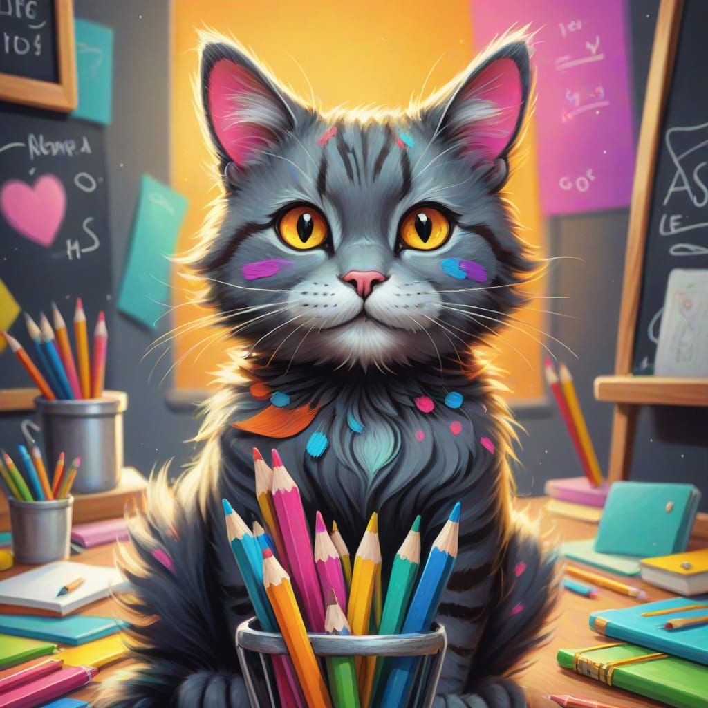 Happy Cat in School: Whimsical Digital Painting