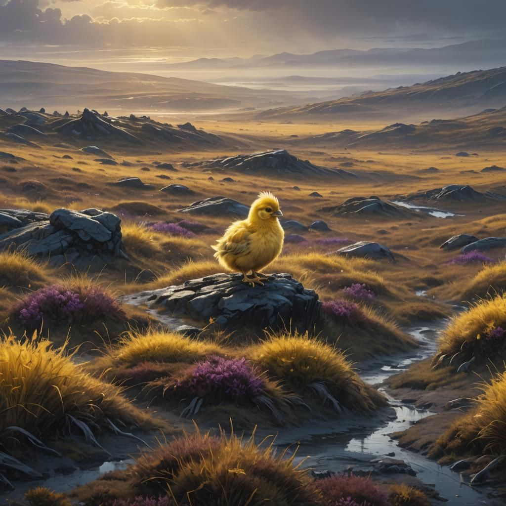 Yellow Chick in Misty Moorland: Fantasy Concept Art