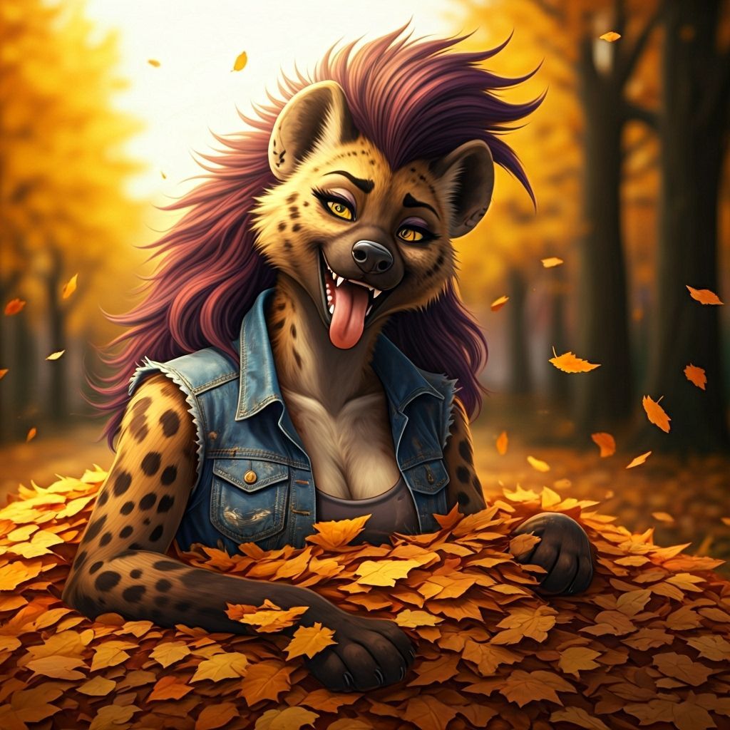 Anthropomorphic She-Hyena Laughing in Autumn Leaves