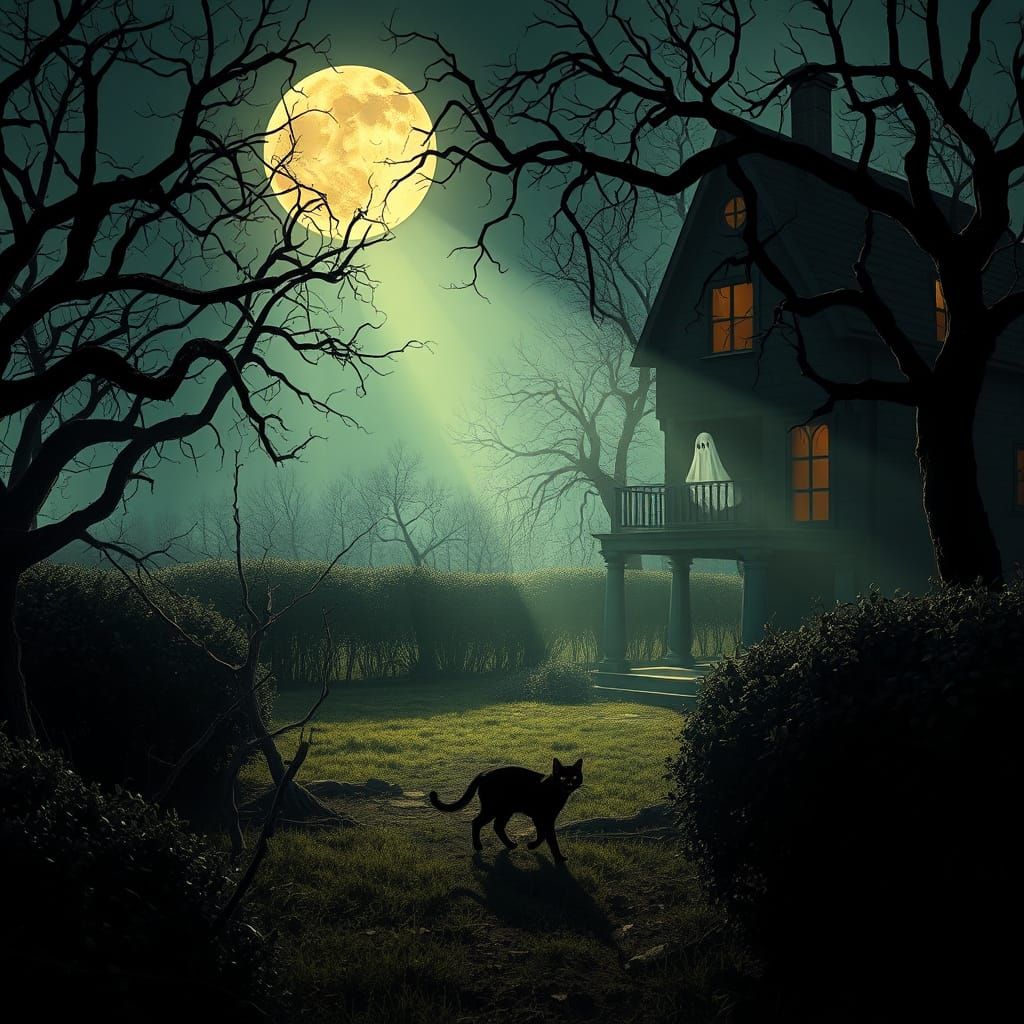 Eerie Midnight Garden with Ghostly Shadows