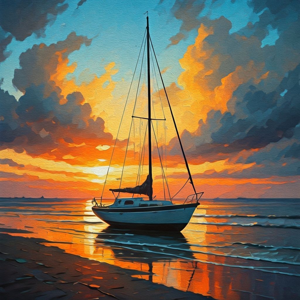 Sunset Sailboat: Impasto Oil Painting with Vibrant Colors