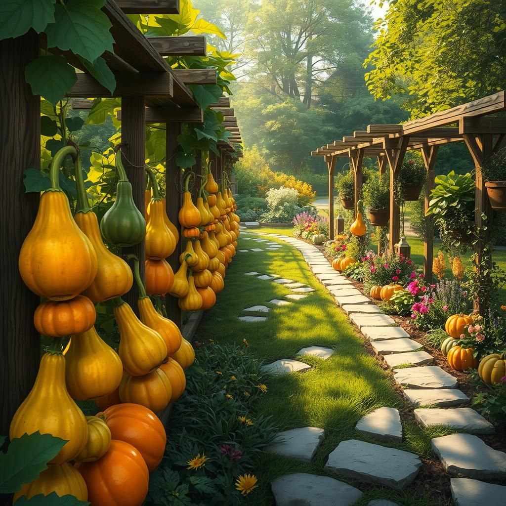 Lush Garden with Gourds in Whimsical Fantasy Style