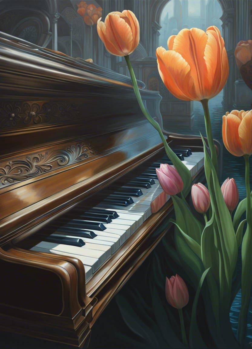 Underwater City Piano Inside Tulip: Hyperrealistic Oil Paint...