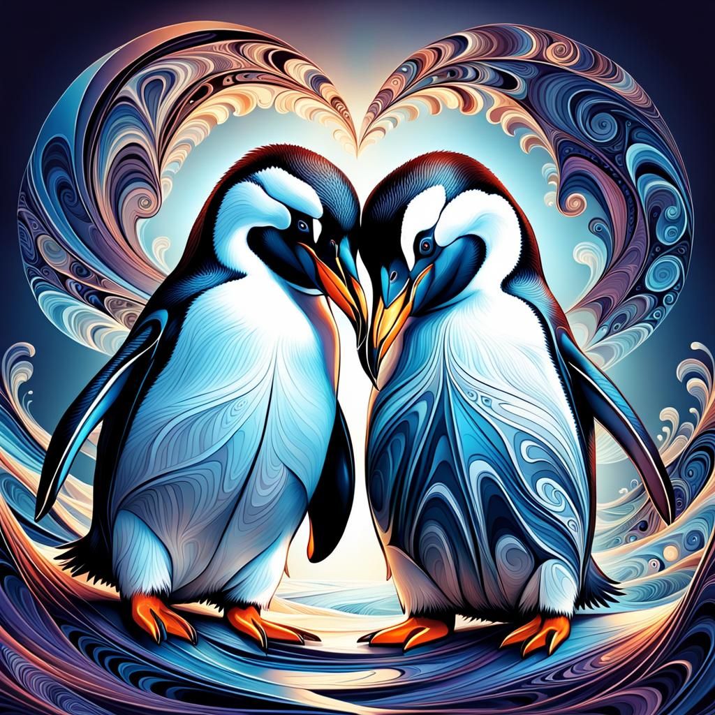 Loving Penguins Nuzzling in Abstract Digital Art