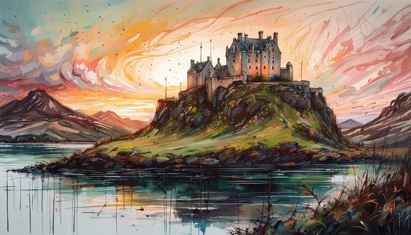 Lush Scottish Highlands Sunrise Over Castle: Acrylic Paintin...
