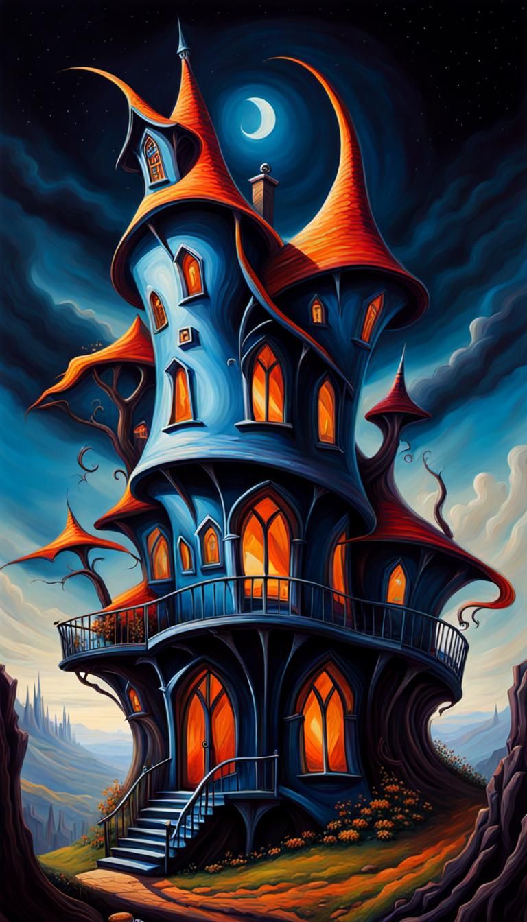Surreal tall warped crooked gothic house