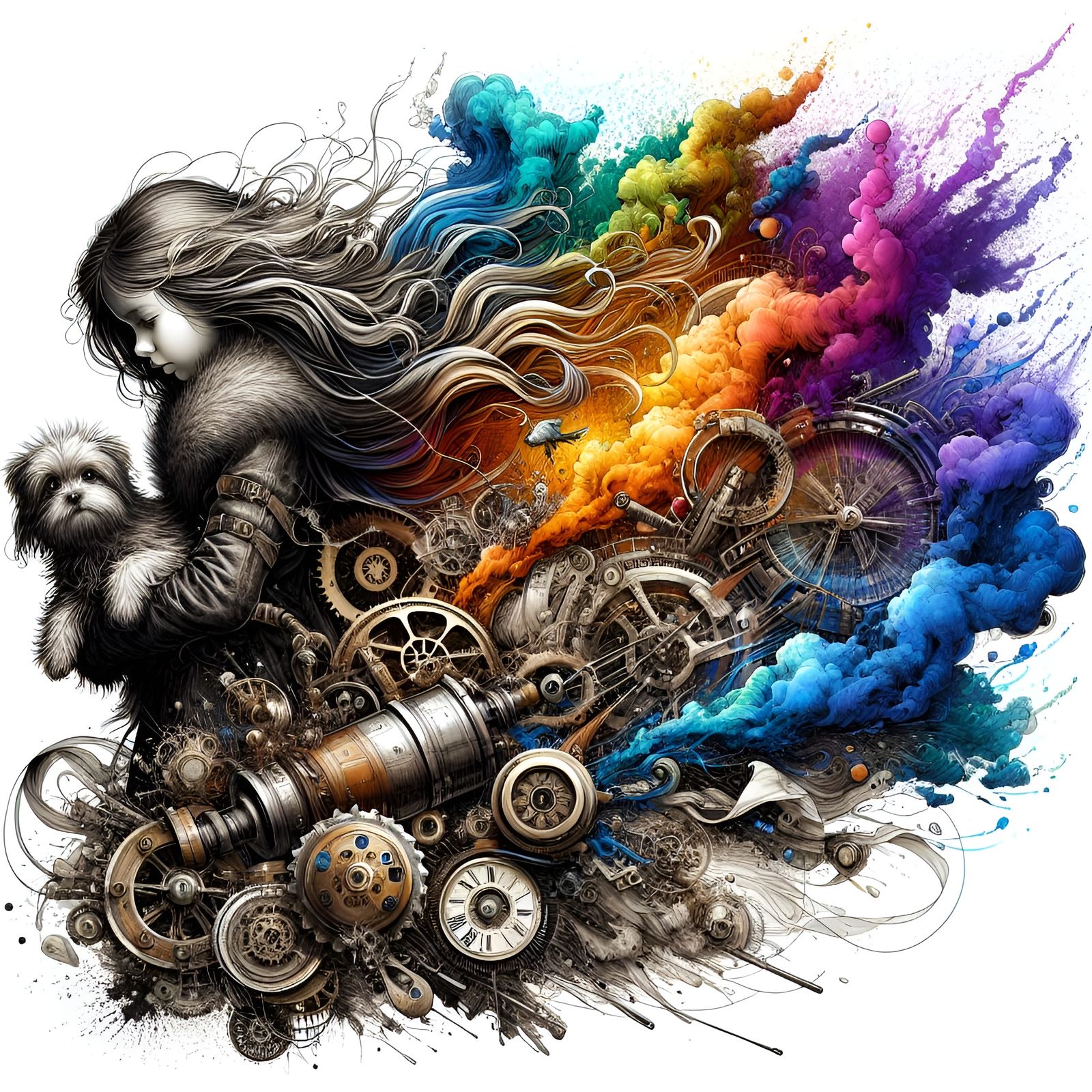 Steampunk Girl and Dog in Smoky Tornado