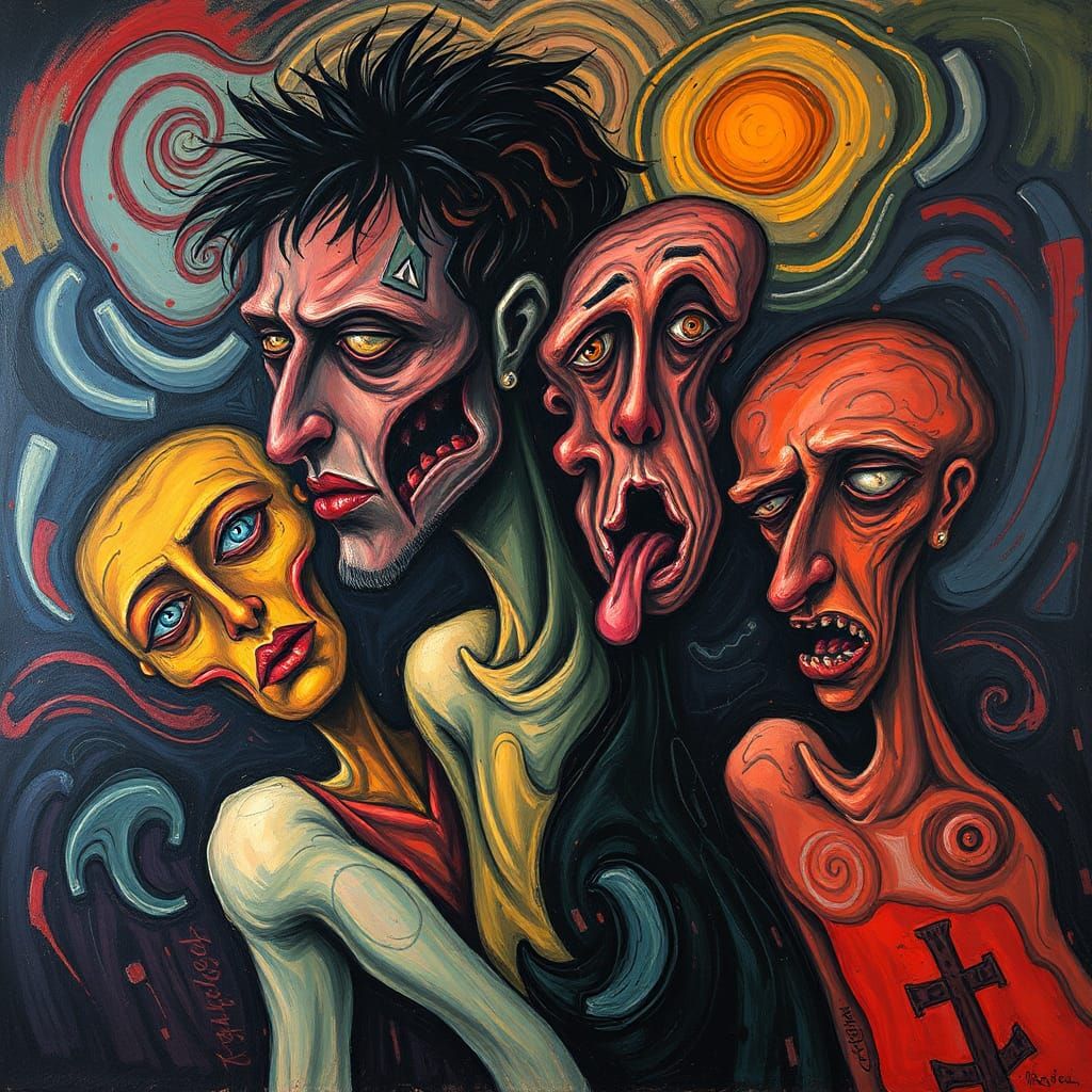 Expressionist Artwork with Distorted Forms and Vivid Colors