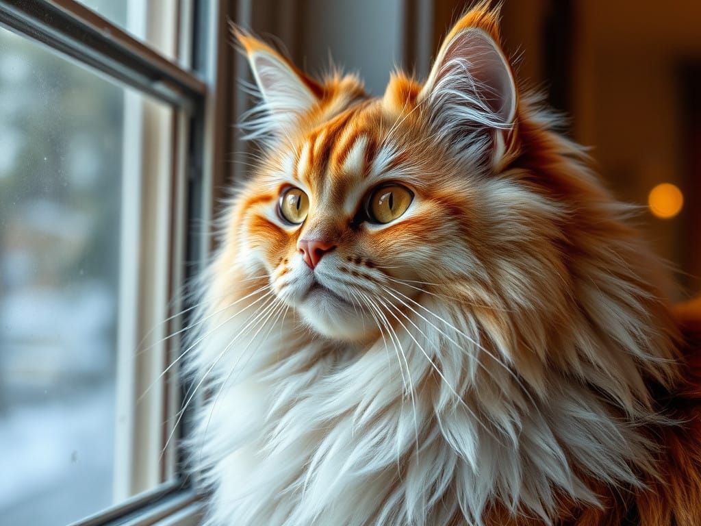 Beautiful, Super Fluffy Cat in Hyperrealistic Window Scene