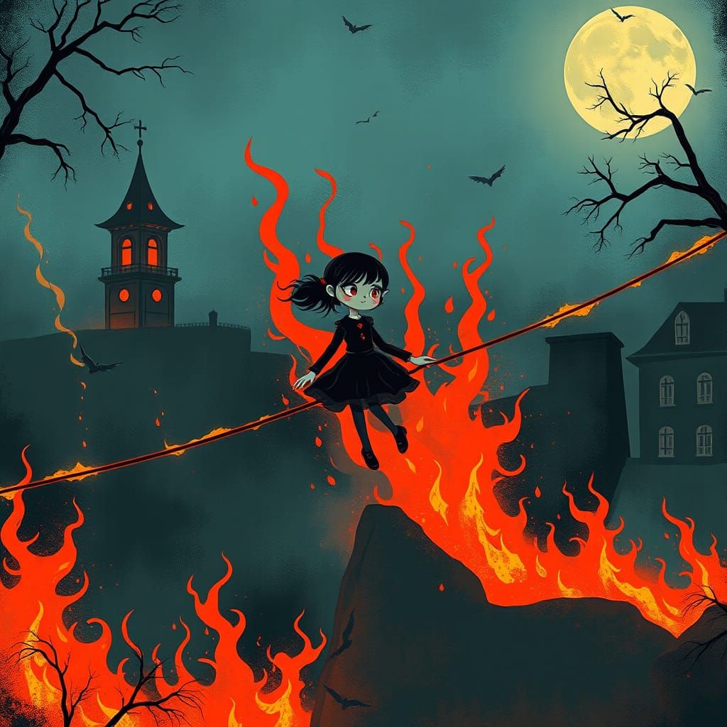 Emo Goth Tightrope Walker in Fiery Inferno