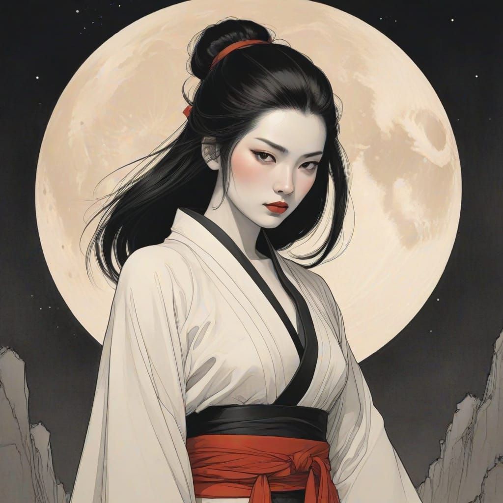 Eastern Goddess Under Double Moons, Ink Brush Style