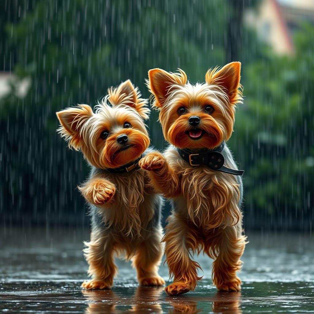 Yorkies Dancing in the Rain with Joy