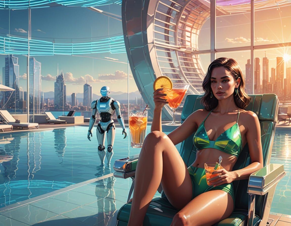 Woman Enjoys Utopian Resort in a Futuristic Oasis