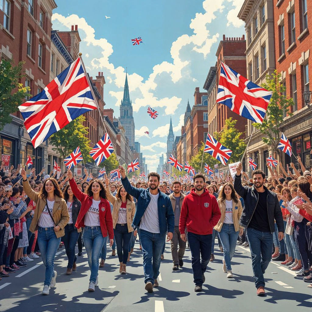 Patriotic March with National Flags and Cheering Crowds