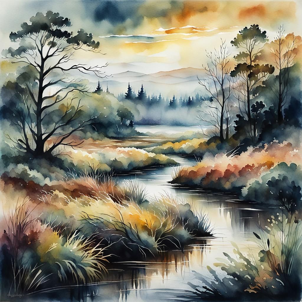 Misty Moor at Dusk: Watercolor Impressionism
