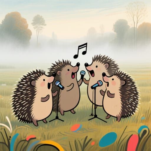 Whimsical Hedgehogs Sing in Misty Fields Caricature