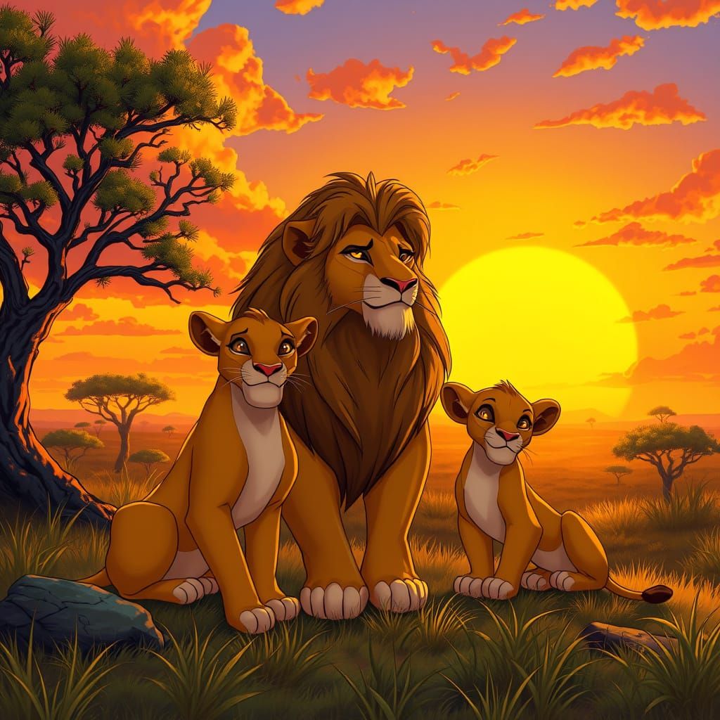 Majestic Lion King Family in Golden Savannah