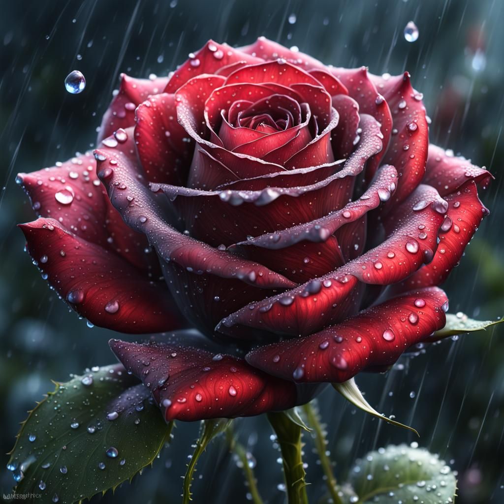 Majestic Rose with Dew Drops in Detailed Painting Style