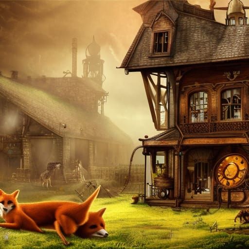 Steampunk Animals Around Farmhouse in Detailed Digital Art