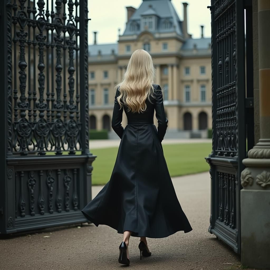 Elegant Woman Strolling Through Manor Gates