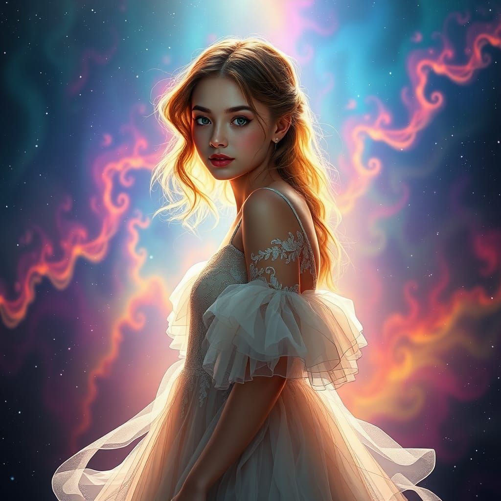 Ethereal Emma in Aurora Firmament: Hyperrealistic Splash Art