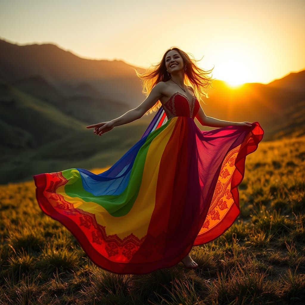 Ethereal Woman in Vibrant Rainbow Dress